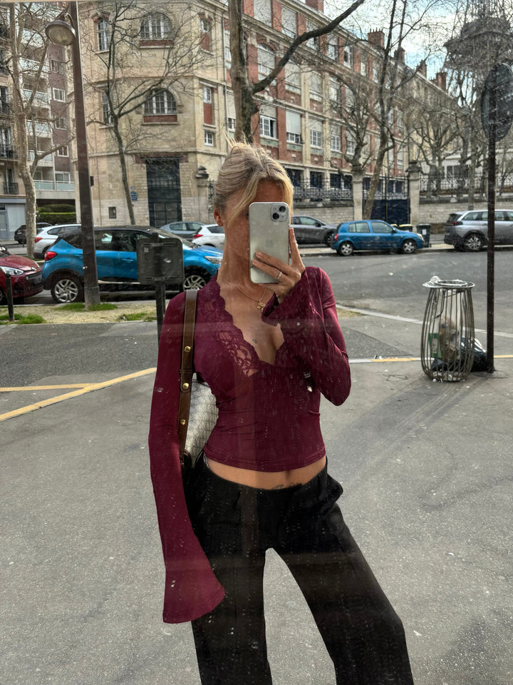 Rayna - Wine Lace Neck Top